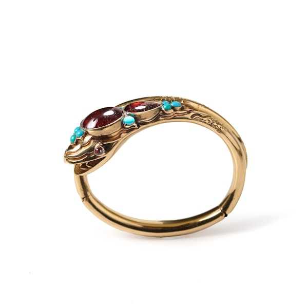 Victorian Garnet Turquoise and Gold Snake Bangle, Circa 1900 - image 3