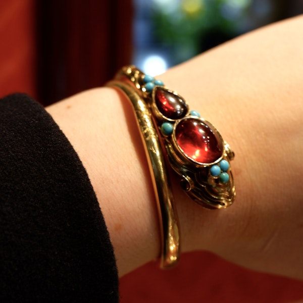 Victorian Garnet Turquoise and Gold Snake Bangle, Circa 1900 - image 4