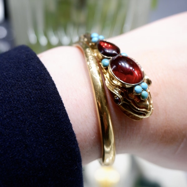 Victorian Garnet Turquoise and Gold Snake Bangle, Circa 1900 - image 7