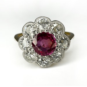 Burma Ruby Diamond Cluster Ring - Saddingtons Jewellery Stand 375