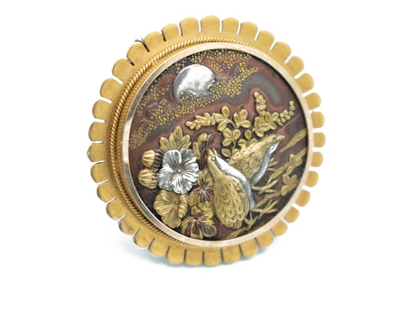 Antique Shakudō Brooch – Birds, Blossoms & Moonlit Scene - image 3