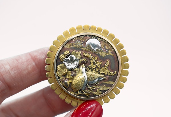 Antique Shakudō Brooch – Birds, Blossoms & Moonlit Scene - image 4