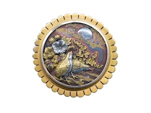 Antique Shakudō Brooch – Birds, Blossoms & Moonlit Scene