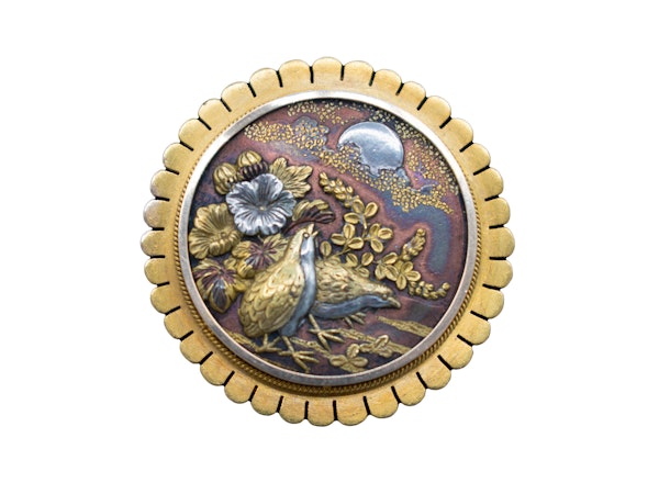 Antique Shakudō Brooch – Birds, Blossoms & Moonlit Scene - image 1