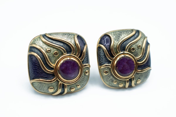 De Vroomen Amethyst & Enamel Earrings in 18ct Gold - image 1