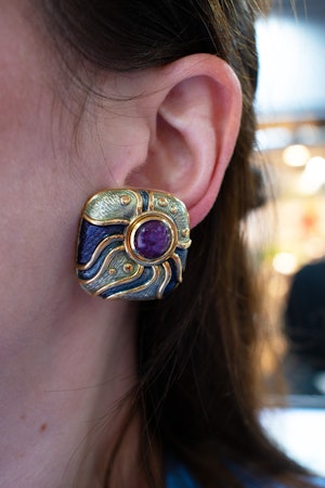 De Vroomen Amethyst & Enamel Earrings in 18ct Gold