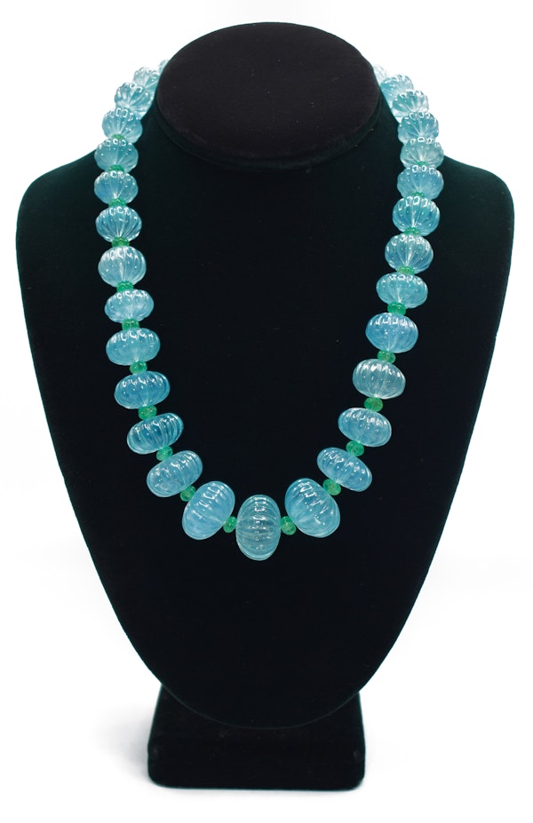 Natural Carved Aquamarine & Emerald Bead Necklace - image 3