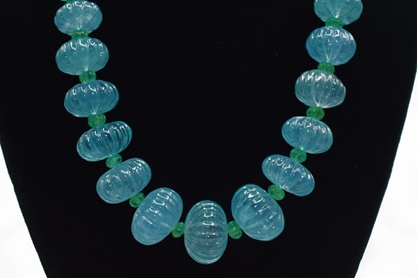 Natural Carved Aquamarine & Emerald Bead Necklace - image 2