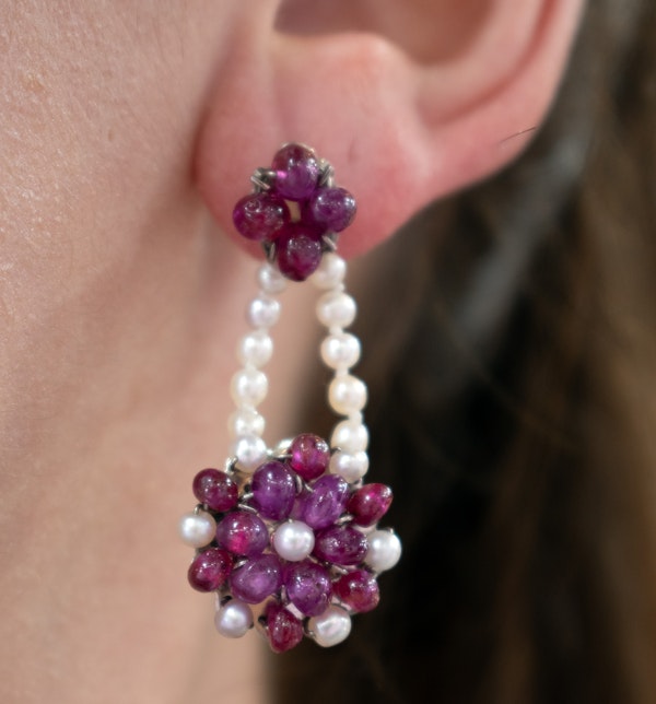 Ruby & Pearl Floral Drop Earrings - image 4