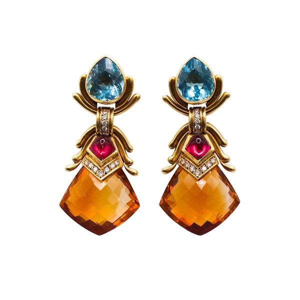 Vintage Blue Topaz Tourmaline Citrine Diamond and Gold Drop Earrings, Circa 1990 - image 1