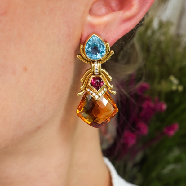 Vintage Blue Topaz Tourmaline Citrine Diamond and Gold Drop Earrings, Circa 1990 - image 2
