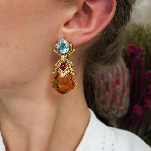 Vintage Blue Topaz Tourmaline Citrine Diamond and Gold Drop Earrings, Circa 1990 - image 4