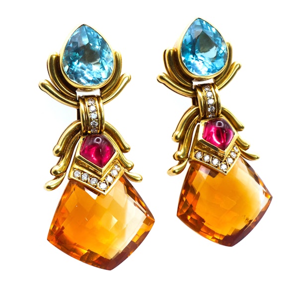 Vintage Blue Topaz Tourmaline Citrine Diamond and Gold Drop Earrings, Circa 1990 - image 3