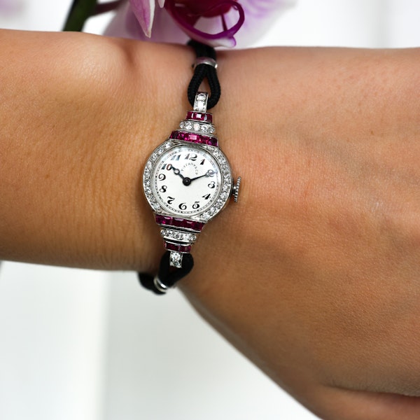 Tiffany & Co. Art Deco Ruby Diamond and Platinum Cocktail Watch With Double Cord Strap - image 7