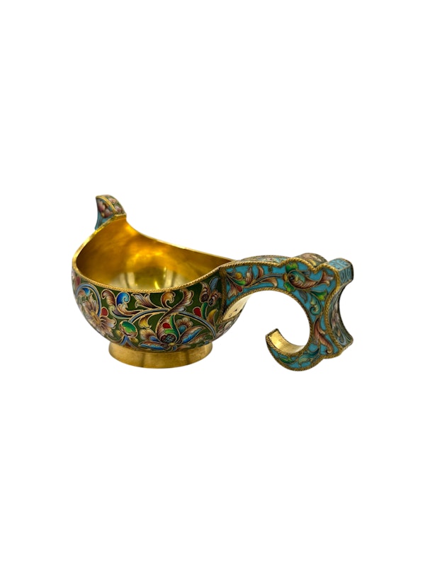 Russian silver gilt and shaded enamel kovsh, Moscow, c.1910 by Ivan Khlebnikov. - image 2
