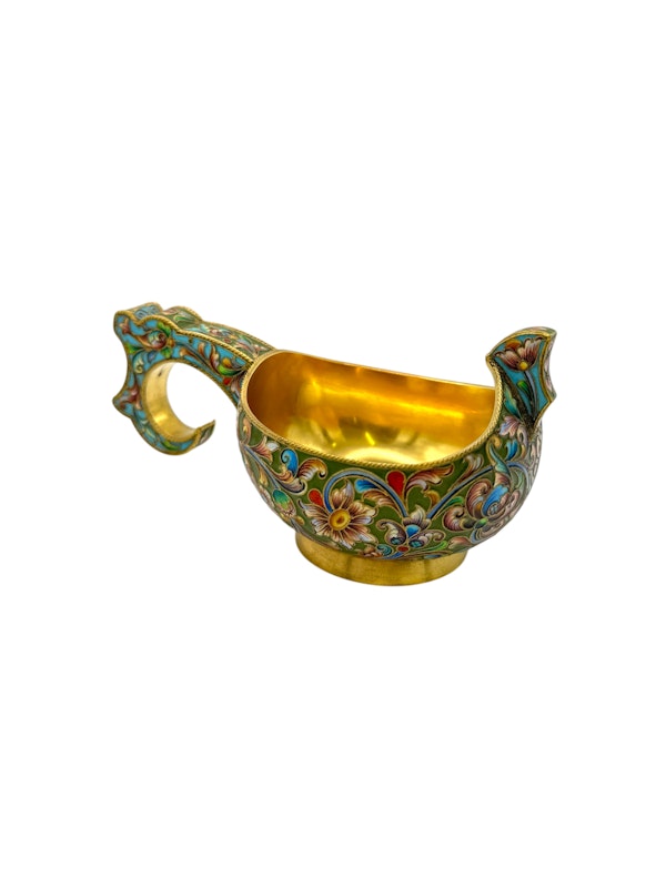 Russian silver gilt and shaded enamel kovsh, Moscow, c.1910 by Ivan Khlebnikov. - image 3