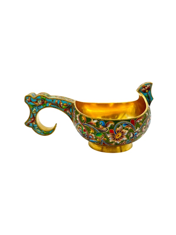 Russian silver gilt and shaded enamel kovsh, Moscow, c.1910 by Ivan Khlebnikov. - image 4