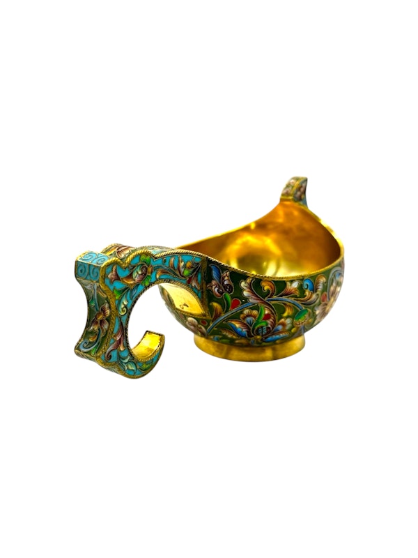 Russian silver gilt and shaded enamel kovsh, Moscow, c.1910 by Ivan Khlebnikov. - image 1