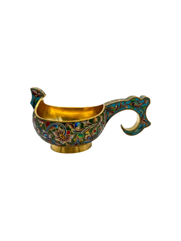 Russian silver gilt and shaded enamel kovsh, Moscow, c.1910 by Ivan Khlebnikov. - image 7