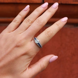 Different diamond sapphire engagement ring at Deco&Vintage Ltd