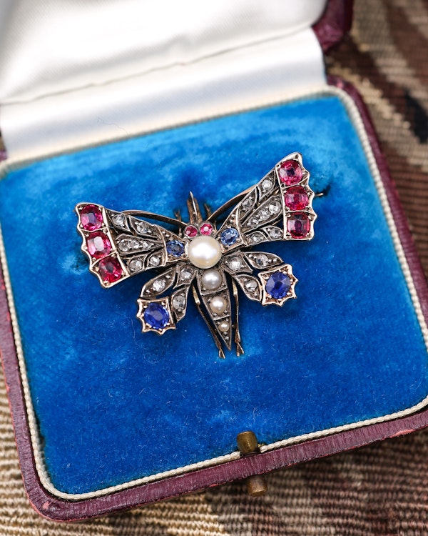 High Carat Yellow Gold  Victorian Diamond, Natural Ruby, & Sapphire Butterfly Brooch Circa 1880 - image 3