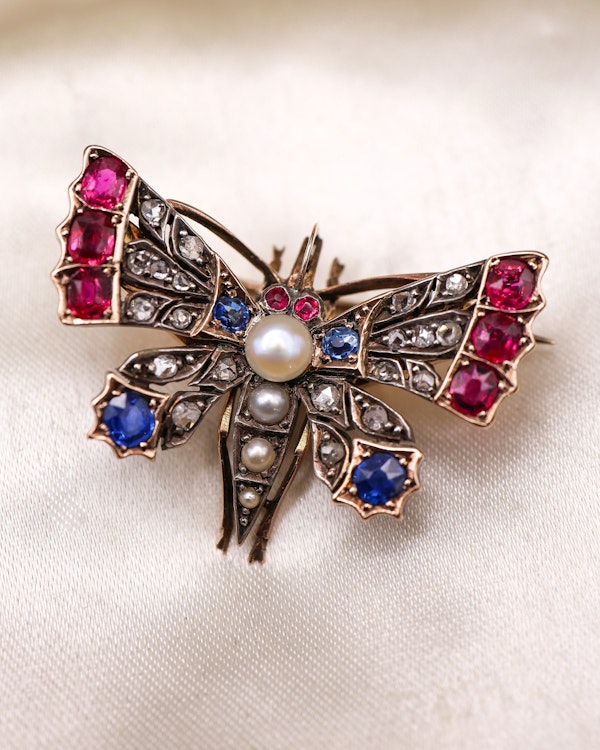 High Carat Yellow Gold  Victorian Diamond, Natural Ruby, & Sapphire Butterfly Brooch Circa 1880 - image 2