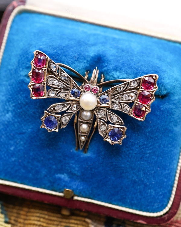 High Carat Yellow Gold  Victorian Diamond, Natural Ruby, & Sapphire Butterfly Brooch Circa 1880 - image 1