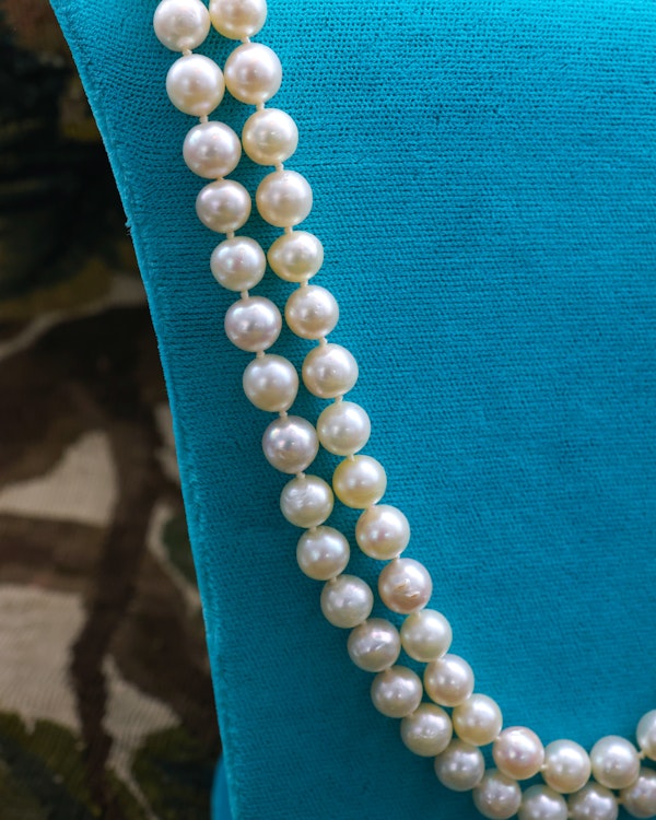 A very fine 18ct Yellow Gold  "Kutchinsky"(Signed), Double Stranded Akoya , Cultured Pearl Necklace, with a Clasp, set throughout with Burma Untreated Rubies & Diamonds. English. Circa 1950 - image 4