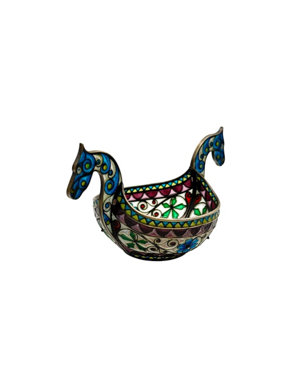 Antique Norwegian silver and plique-a-jour, guilloche enamel kovsh boat, c.1900, Marius Hammer. - image 2