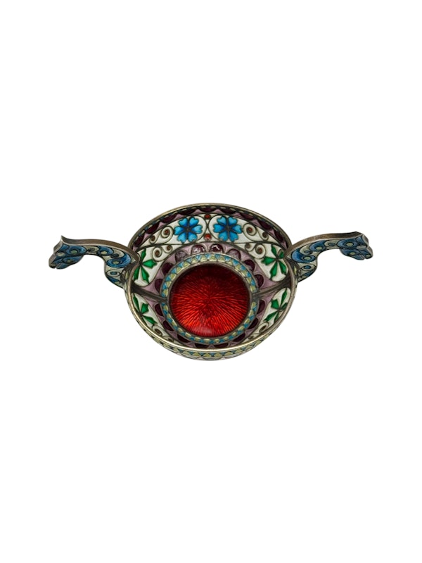 Antique Norwegian silver and plique-a-jour, guilloche enamel kovsh boat, c.1900, Marius Hammer. - image 3