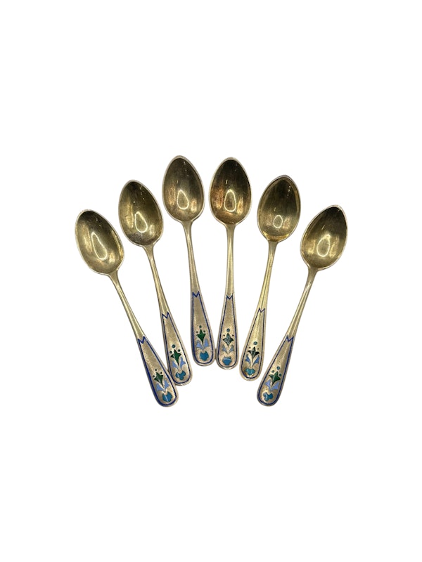 Russian silver gilt and champleve enamel set of six coffee spoons, Moscow, 1884 by Pavel Ovchinnikov. - image 2