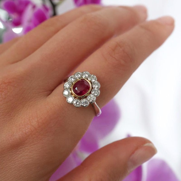 Burma Ruby, Diamond and Platinum Cluster Ring, 0.97 Carats - image 2
