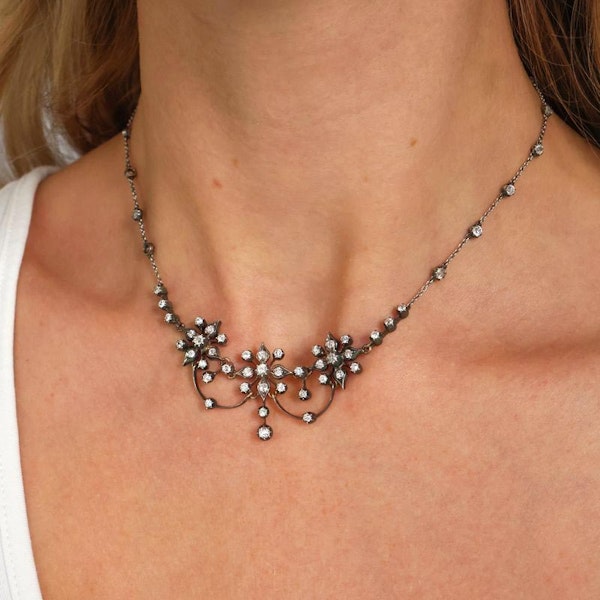 Antique Victorian Diamond, Silver and Gold Flower Necklace, Circa 1890 - image 5