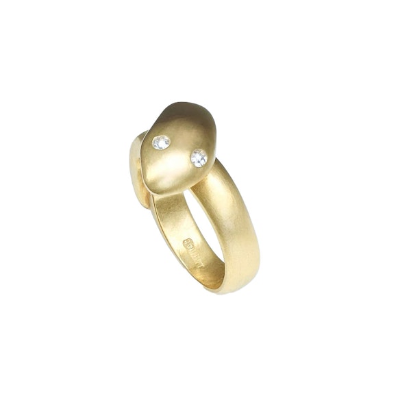 Victorian 18ct Brushed Gold Snake Ring with Diamond Eyes | 1906 - image 2