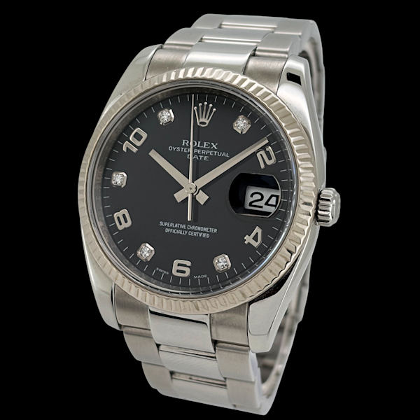ROLEX OYSTER PERPETUAL DATE 34 BLACK ARABIC AND DIAMOND INDEX DIAL 115234 - image 1