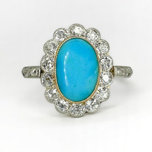 Antique Turquoise & Diamond Cluster Ring - Saddingtons Jewellery Stand 375