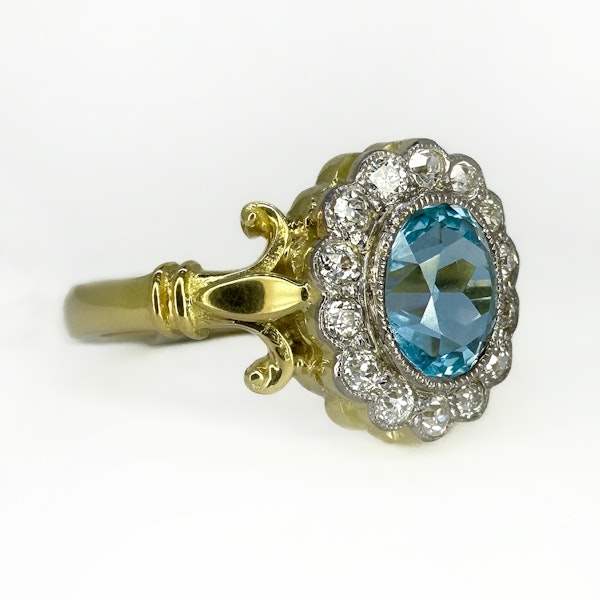 Antique Oval Aquamarine & Diamond Cluster Ring - Saddingtons Jewellery Stand 375 - image 2