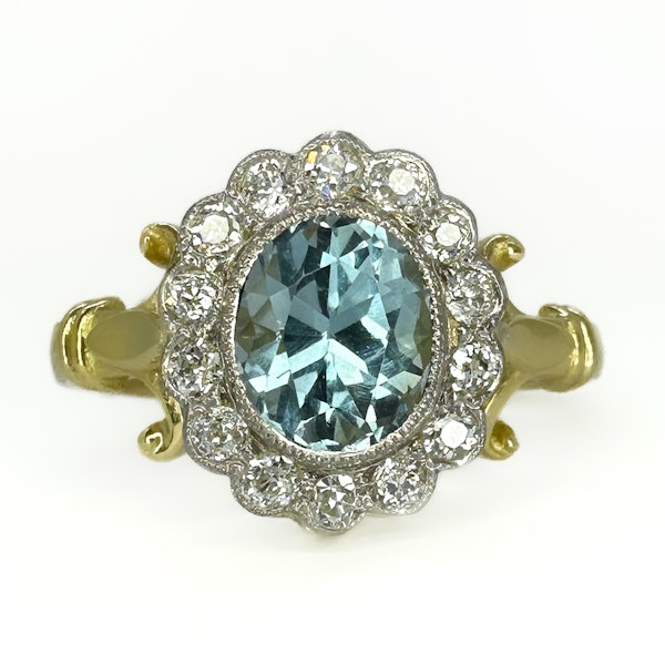Antique Oval Aquamarine & Diamond Cluster Ring - Saddingtons Jewellery Stand 375 - image 1