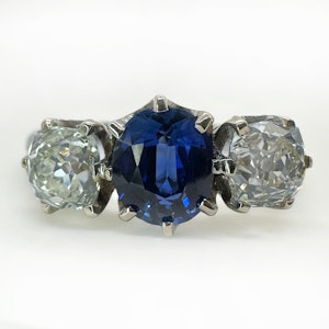 Ceylon Sapphire Diamond 3 Stone Ring - Saddingtons Jewellery Stand 375
