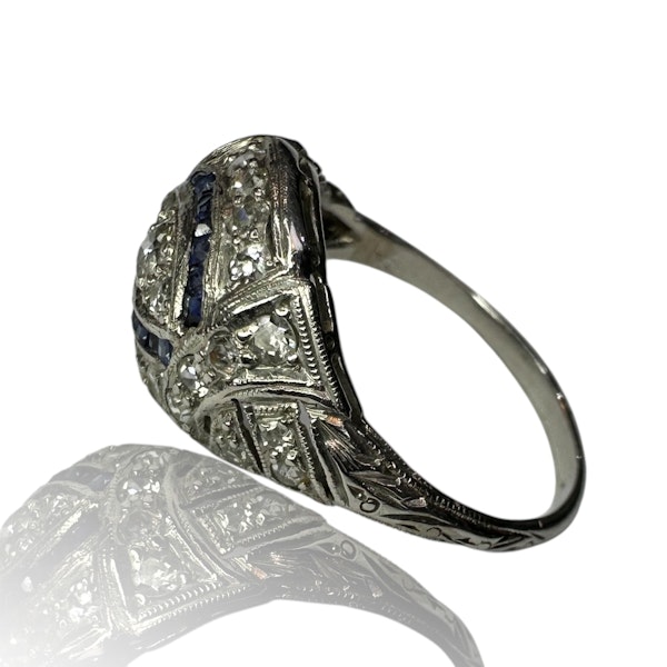 Art-Deco Style Diamond & Sapphire Platinum Ring - image 7