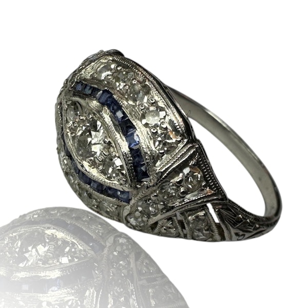 Art-Deco Style Diamond & Sapphire Platinum Ring - image 1