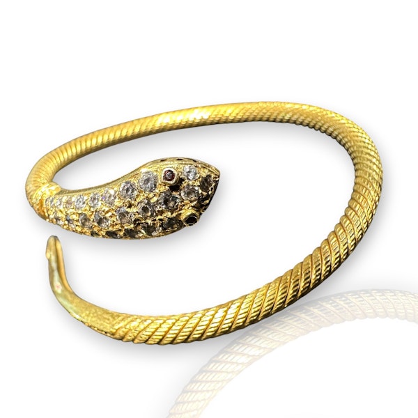 Luxurious 22k Yellow Gold Antique Snake Bangle with Diamonds & Garnet Eyes - image 1