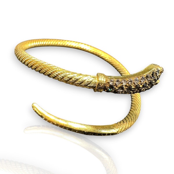 Luxurious 22k Yellow Gold Antique Snake Bangle with Diamonds & Garnet Eyes - image 2