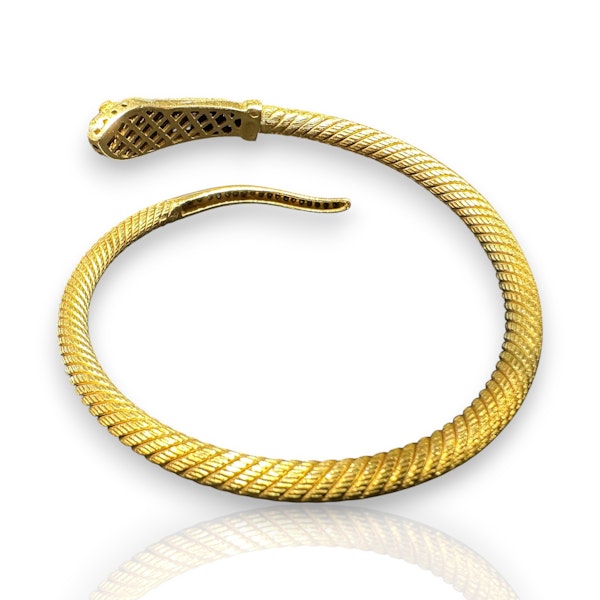 Luxurious 22k Yellow Gold Antique Snake Bangle with Diamonds & Garnet Eyes - image 3