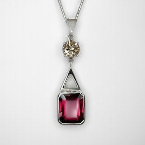 Deep Pink Tourmaline Diamond Drop Pendant - Saddingtons Jewellery Stand 375