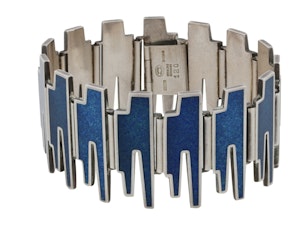 Georg Jensen Sterling Silver Bracelet with blue enamel No 120. Designed by Bente Bonne. Mark Constable Unit 301