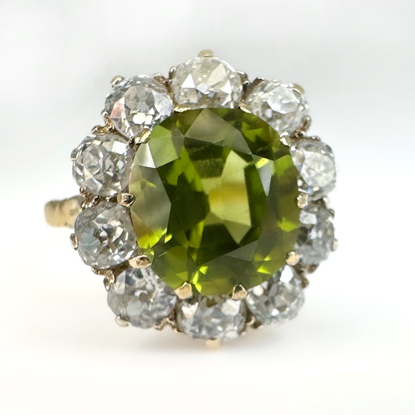 Peridot & Old Cut Diamond Cluster Ring - image 3