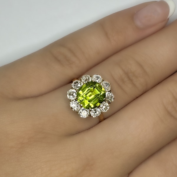 Peridot & Old Cut Diamond Cluster Ring - image 2
