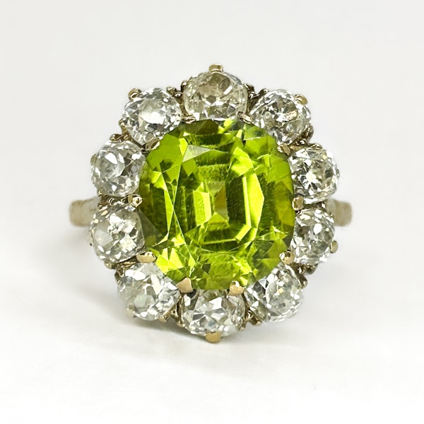 Peridot & Old Cut Diamond Cluster Ring - image 1
