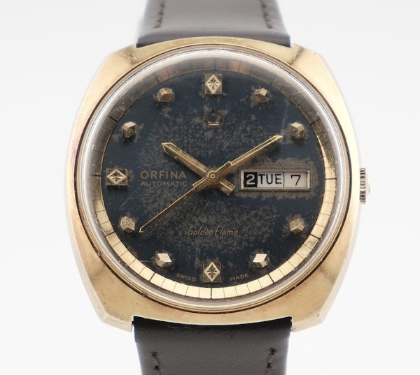 Vintage Orfina Automatic Golden Flame Day Date Blue Dial Swiss Men’s Watch - image 1